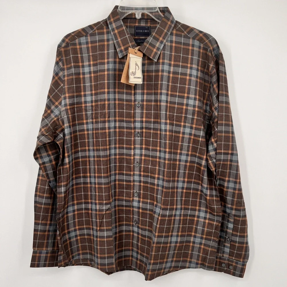 Stitch‎ Note Men's Button Up Shirt XXL  L/S Plaid 100% Egyptian Cotton